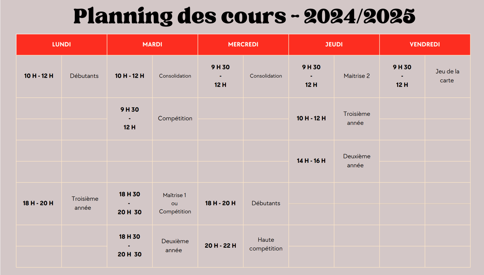 Planning des cours