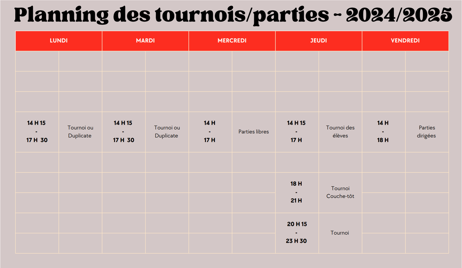 Planning des cours